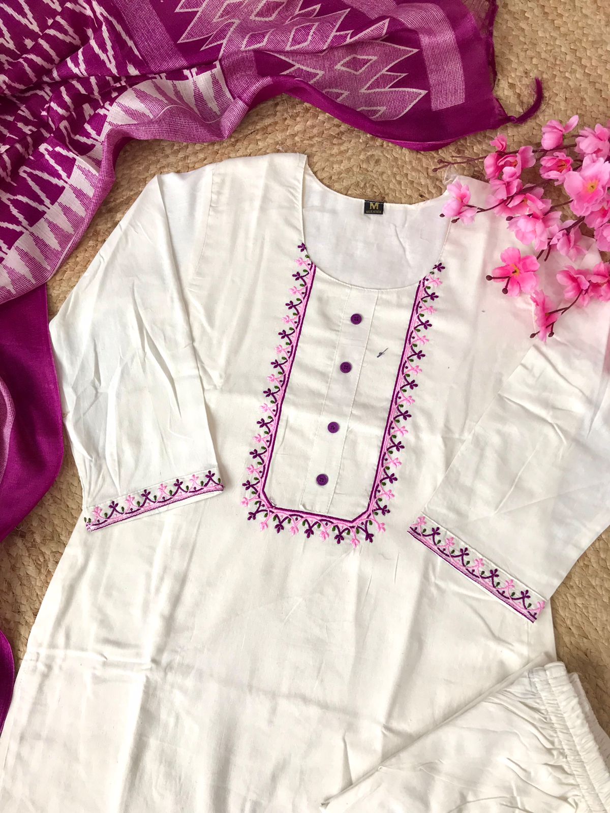 VT Designer Embroidery Khadi Cotton Kurti With Bottom Dupatta Wholesale Shop In Surat